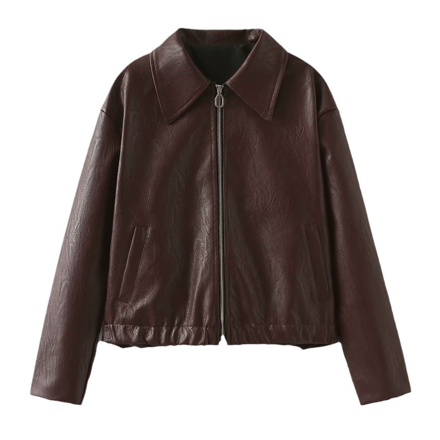 Solid Color Lapel Zipper Jacket Fashion Casual Long Sleeve Leather Jacket Tops Women Clothing