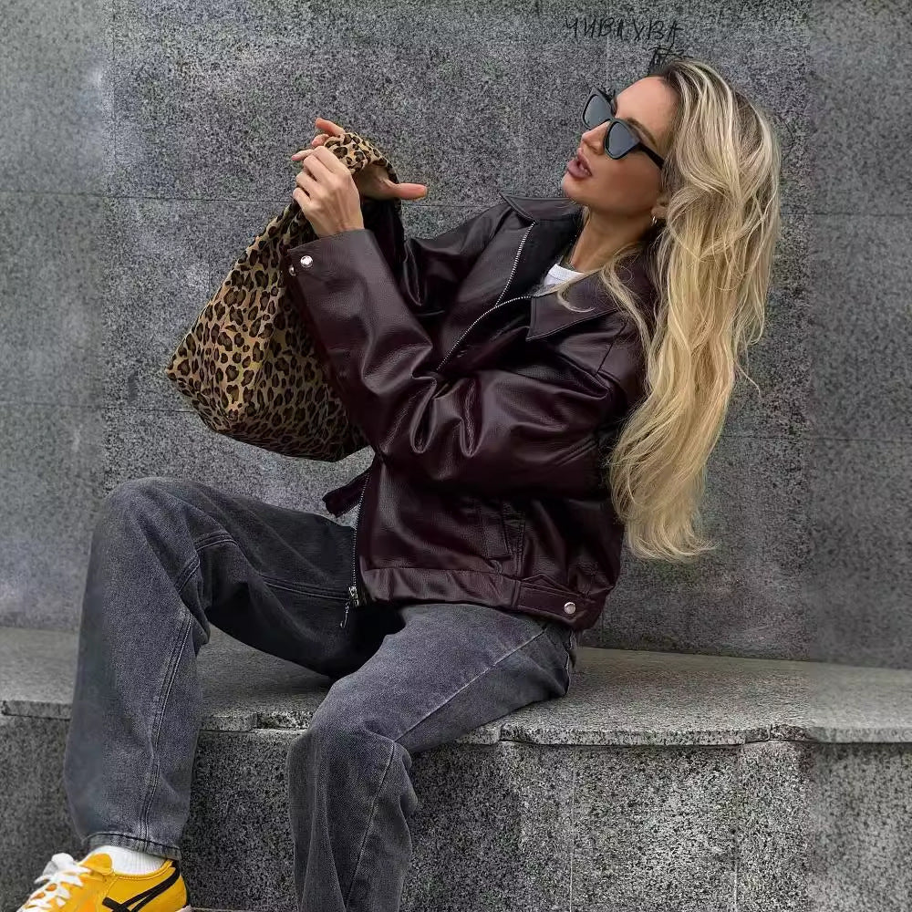 Solid Color Lapel Zipper Jacket Fashion Casual Long Sleeve Leather Jacket Tops Women Clothing