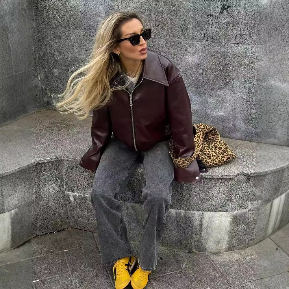 Solid Color Lapel Zipper Jacket Fashion Casual Long Sleeve Leather Jacket Tops Women Clothing