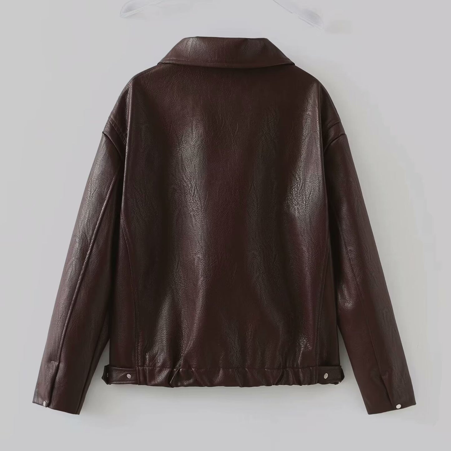 Solid Color Lapel Zipper Jacket Fashion Casual Long Sleeve Leather Jacket Tops Women Clothing