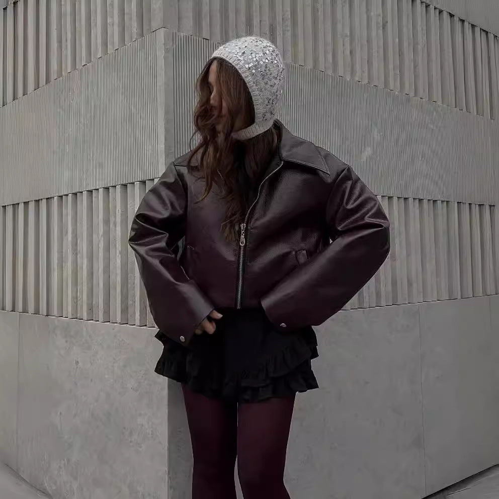 Solid Color Lapel Zipper Jacket Fashion Casual Long Sleeve Leather Jacket Tops Women Clothing