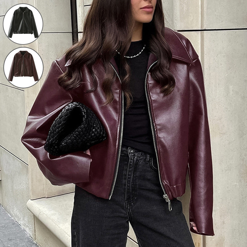Solid Color Lapel Zipper Jacket Fashion Casual Long Sleeve Leather Jacket Tops Women Clothing